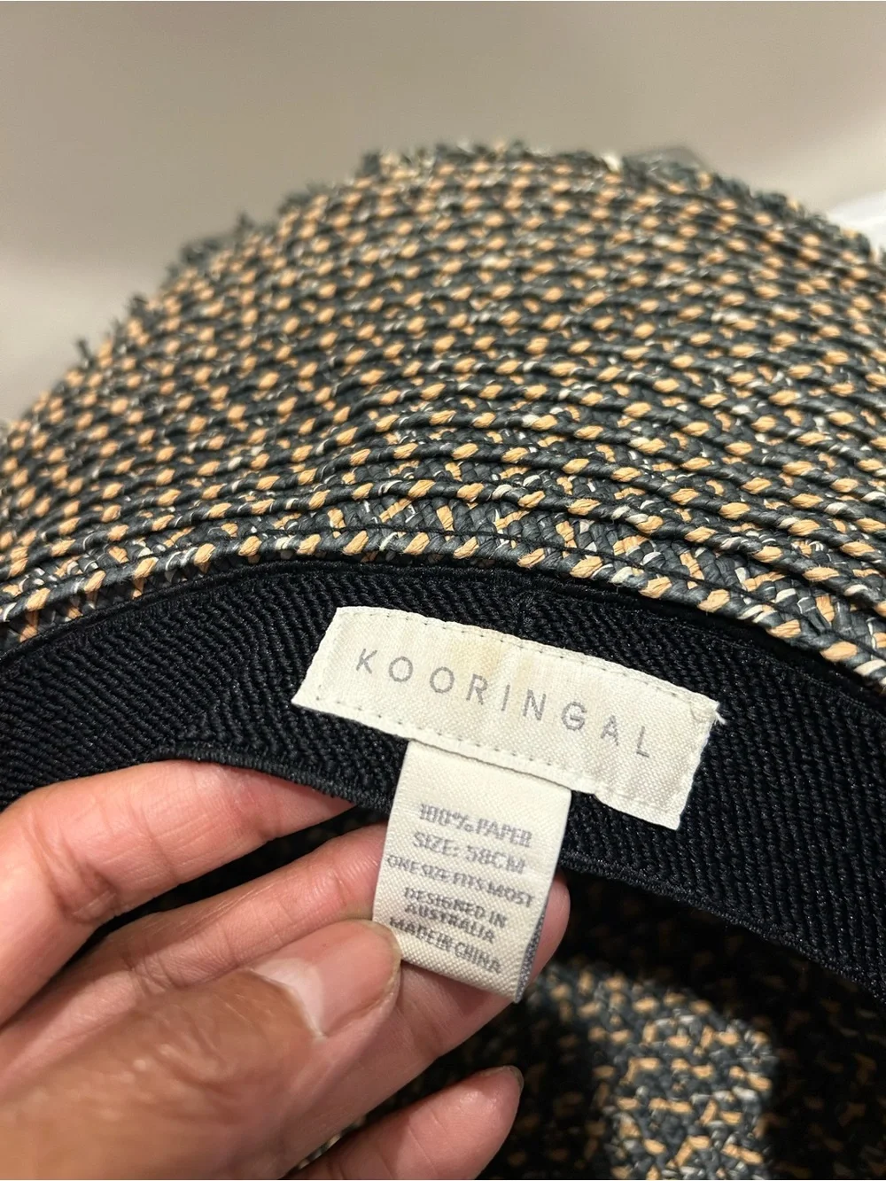 Wide Brim Woven Sun Hat with Tassel Band - Black/Beige